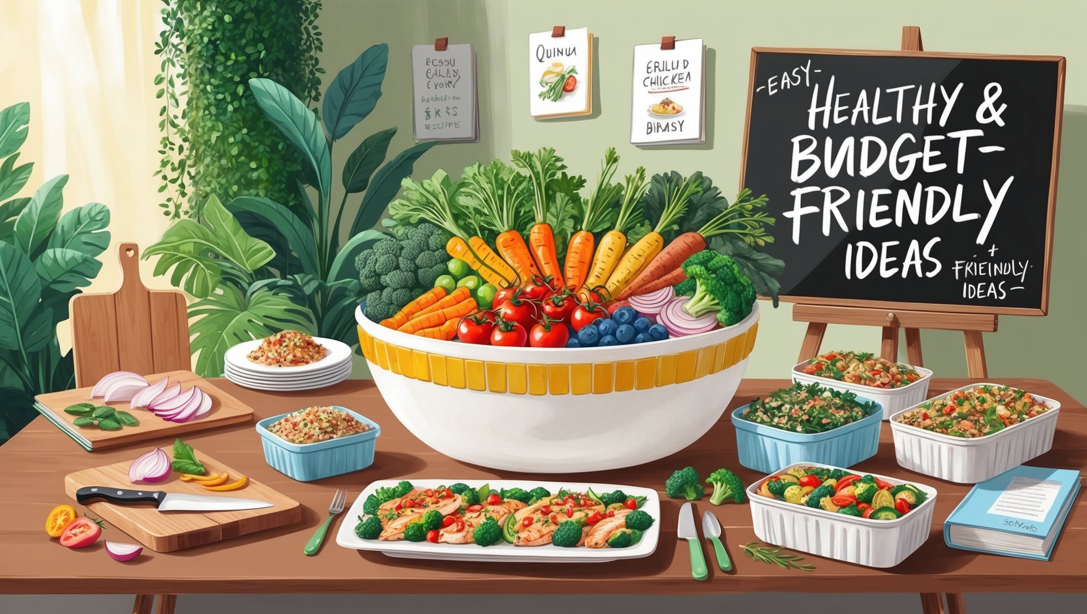 Healthy and budget-friendly meal prep recipes featuring fresh ingredients neatly packed in containers.