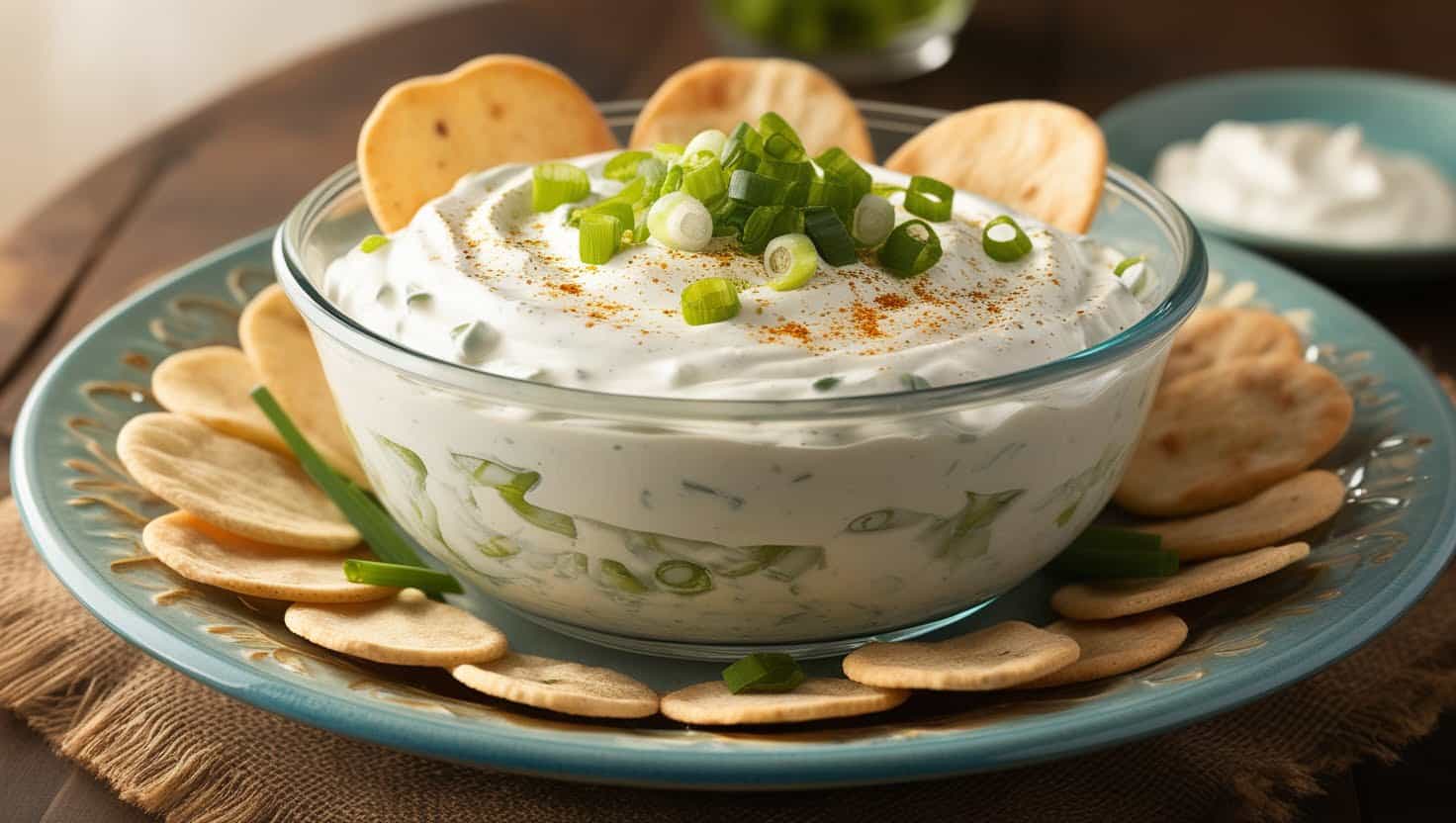A bowl of creamy caramelized onion dip made with sweet onions, sour cream, and cream cheese, served with chips and veggies.