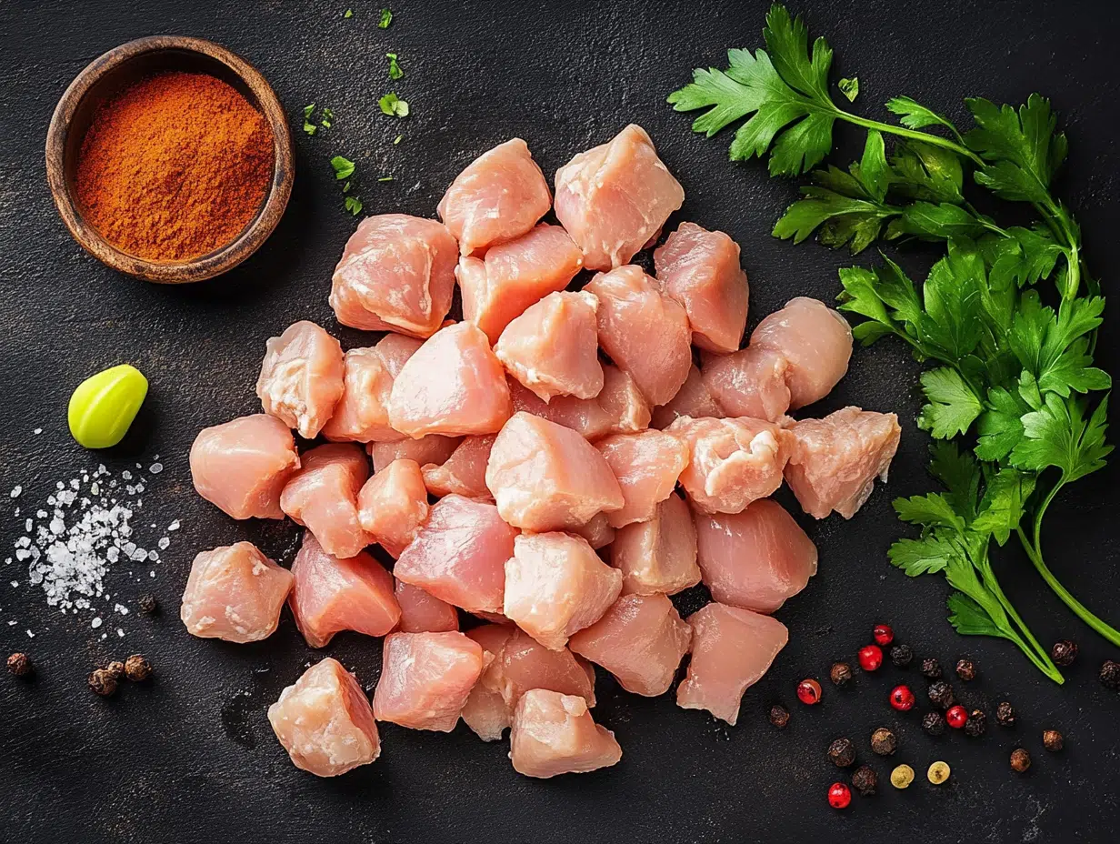 Juicy cubed chicken pieces in a skillet, showing methods to keep them moist and tender using proper cooking techniques.