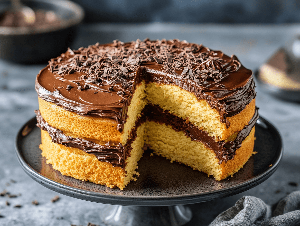Vanilla cake with chocolate frosting topped with sprinkles, perfect for any occasion.