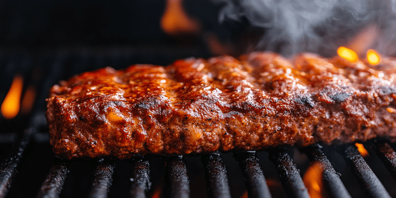 Smoked meatloaf on a grill with BBQ glaze being applied during the smoking process.