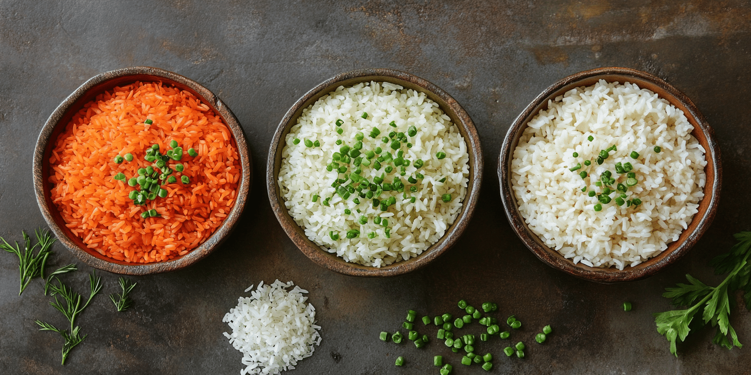 Gluten-free rice sides with vegetables and herbs served on a white plate